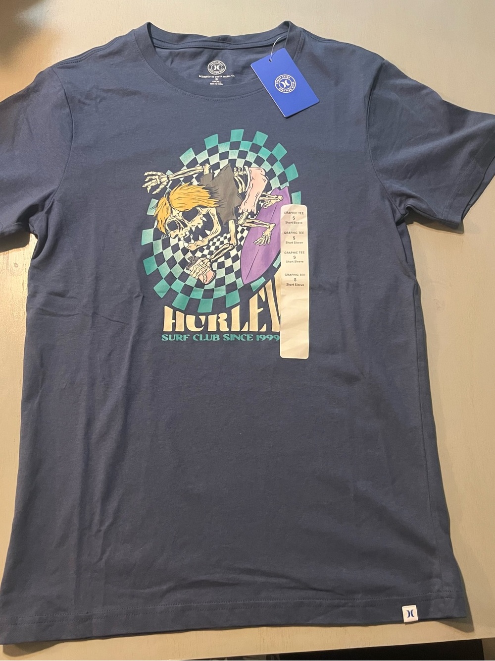 NWT Cotton Hurley Surf Club Graphic Tee Blue Skeleton Surfer Men's Small